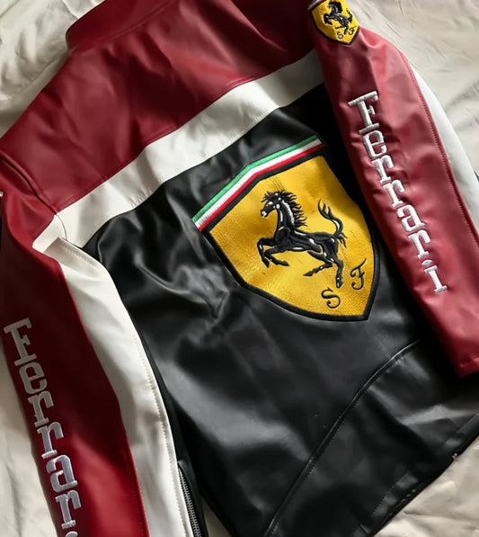 Ferrari leather jacket of back side with logo and text on a white background
